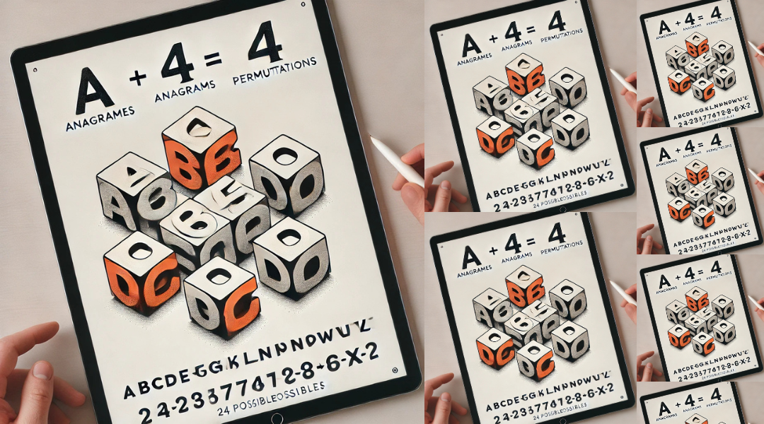 Imagem ilustrando a relação entre anagramas e permutações com 4 letras (A, B, C, D) e suas diferentes combinações, incluindo o símbolo matemático de permutação (4!) mostrando o cálculo de 24 arranjos possíveis.