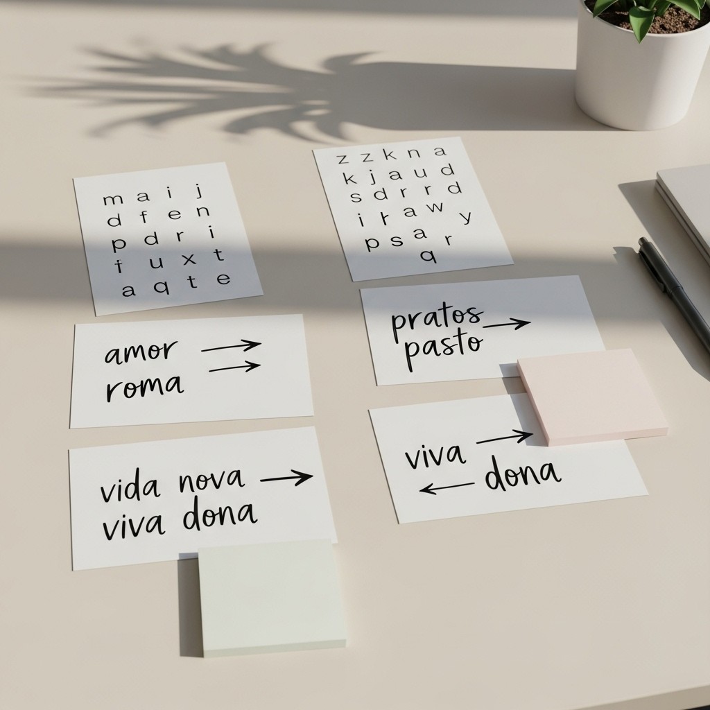 Cartões com letras embaralhadas formando anagramas de palavras e frases em português como “amor” e “vida nova”