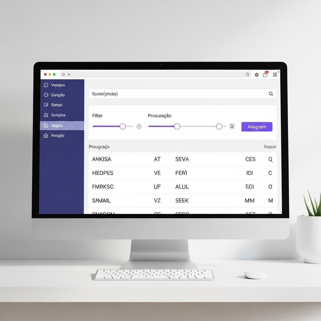 Computador exibindo interface do gerador de anagramas com filtros e resultados na tela