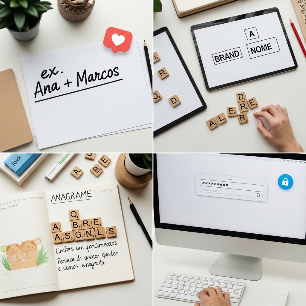 Representação visual dos usos do gerador de anagramas: nomes de casal, slogans, jogos, educação e senhas criativas